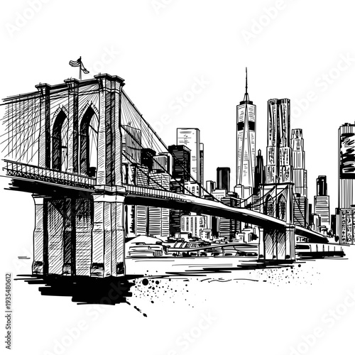 Hand drawn architectural sketch of a suspension bridge with city skyscrapers