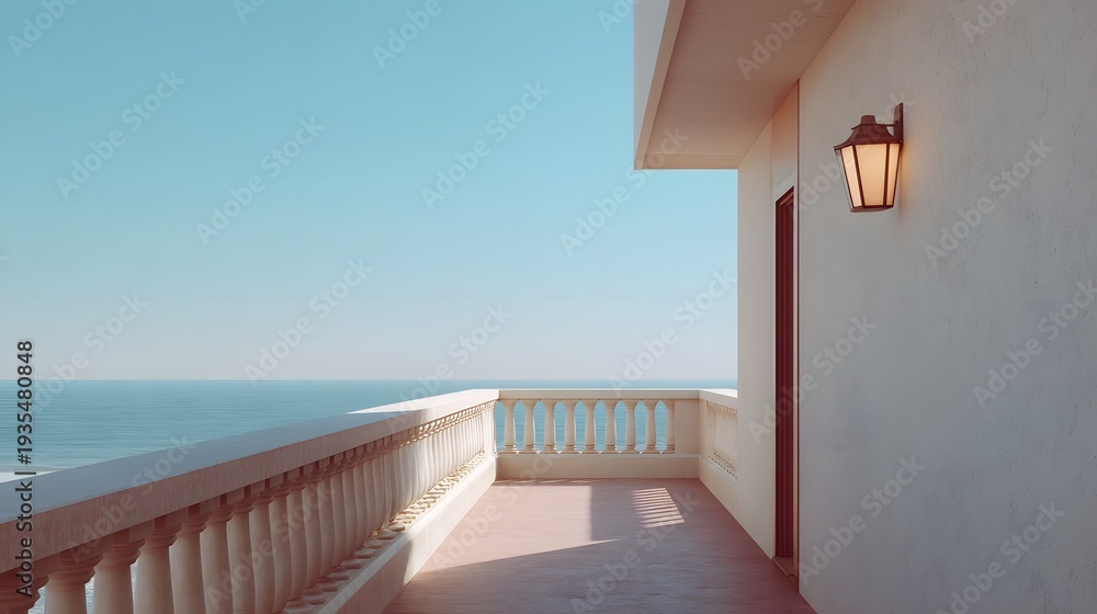 Obraz premium Serene balcony overlooking the vast ocean and clear blue sky bathed in soft pastel light