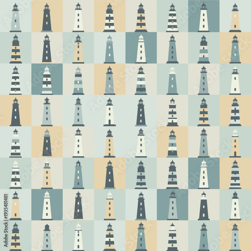 Seamless pattern of various lighthouse silhouettes and icons