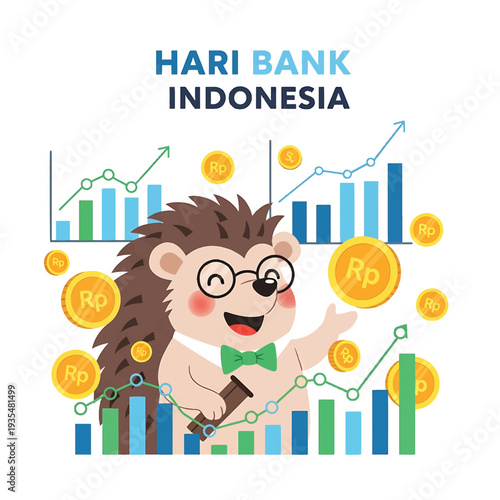 HARI BANK Indonesia Hedgehog with Financial Charts and Coins