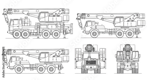 Multi Crane Truck AutoCAD Blueprint Vector – Multi View Construction Machinery Technical Drawing