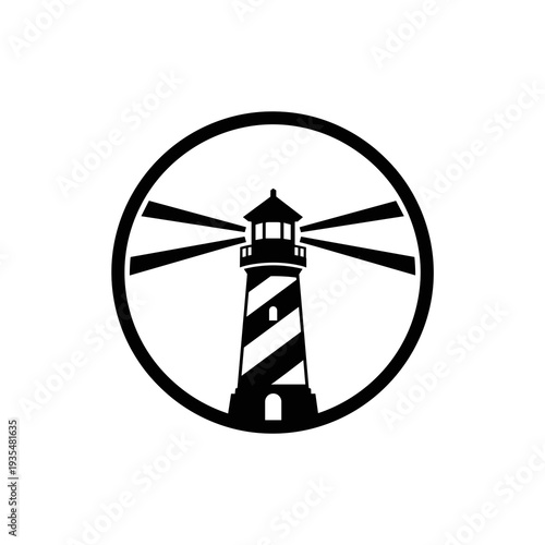 Circular lighthouse silhouette logo with high contrast