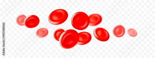 3D blood red cells on transparent background. World Blood Donor Day. Realistic isolated vector illustration. Healthcare, hospital, clinic, laboratory, emergency design concept