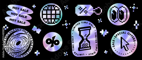 Holographic pixel sale stickers set on black. Retro Y2K cyber discount labels. Percent symbols, globe icon, hourglass timer, promo badges with chrome rainbow gradient. Bold ecommerce vector elements