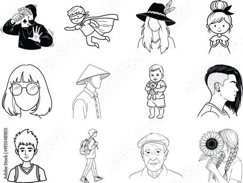 Black and white cartoon people bundle line characters