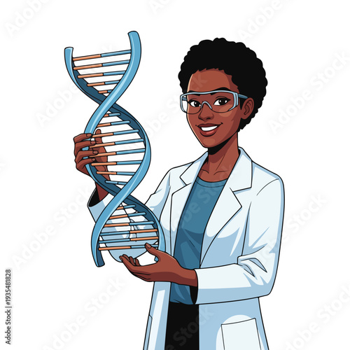 Female Scientist Holding DNA Double Helix Model.
