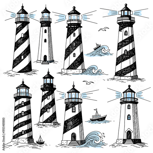Collection of various black and white lighthouse designs