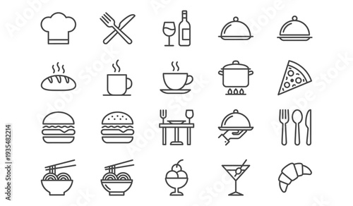 Professional restaurant line icon set for menu, catering, and hospitality design with food, drinks, and cutlery for web and app UI