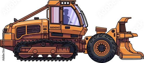 Tracked forestry forwarder hauling timber logs in woodland areas