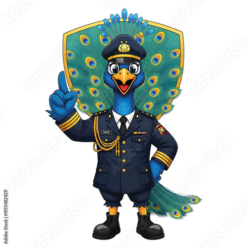 Peacock in military uniform giving a salute