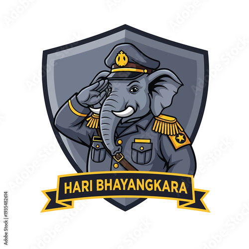 Elephant in police uniform saluting with crest and banner Hari Bhayangkara