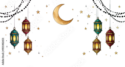 Ramadan Kareem Banner with Lanterns and Elegant Crescent Moon