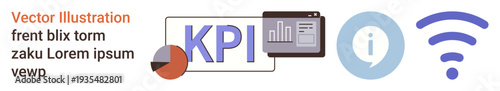 Business analytics, data management, performance tracking, online networks, communication, tech solutions. KPI dashboard graphic with charts, info icon wireless symbol. Business analytics