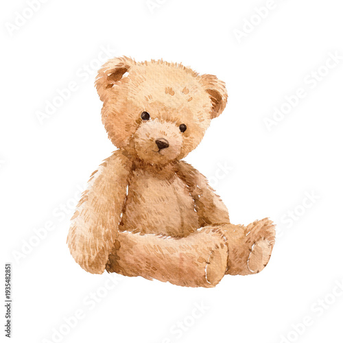 Vintage Watercolor Teddy Bear Illustration, cute hand painted nursery style plush toy isolated on light background, sweet retro children design for baby decor and print