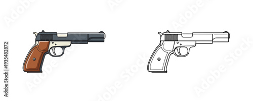 Semi automatic handgun pistol in cartoon and linear styles with black and brown colors for self defense or shooting sport on white background isolated set