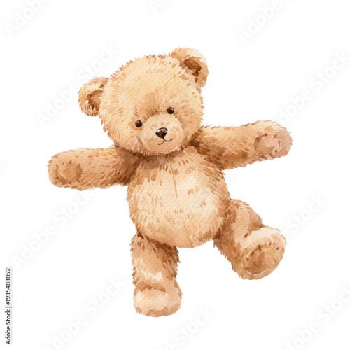 Vintage Watercolor Teddy Bears Set, cute hand painted plush toys in different poses, sweet retro nursery illustration collection isolated on light background for baby decor