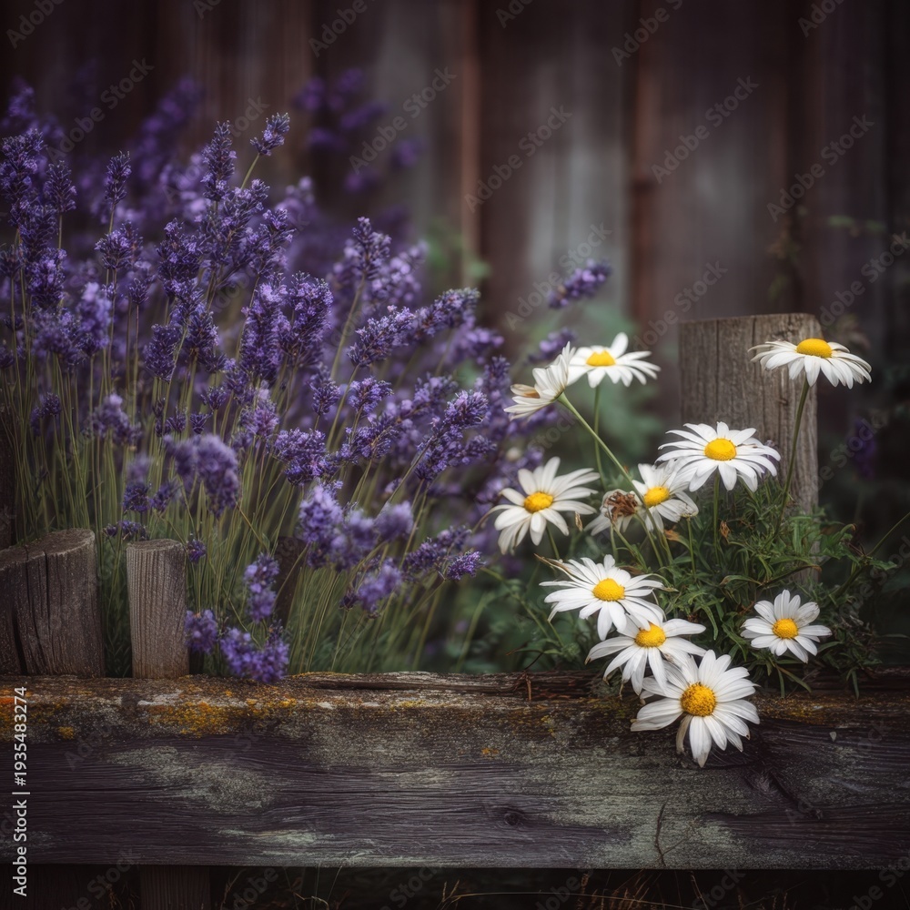 Obraz premium Lavender and Daisy Flowers on Rustic Wooden Fence with Soft Natural Lighting in a Serene Garden Setting