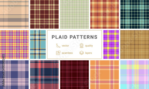 Decorative plaid pack for planners and journals. Consistent tartan backgrounds organize pages. Vector format prints sharply.
