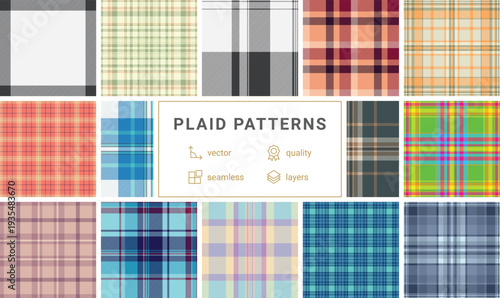 Fall inspired plaid set optimized for posters. Structured tartan rhythm attracts attention subtly. Vector scalability supports size freedom.