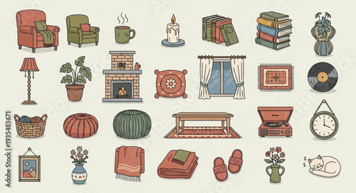 Cozy Home Decor Objects Collection Hand Drawn Style.