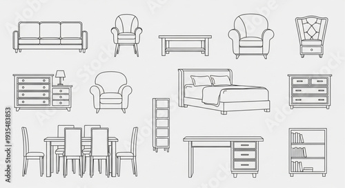 Collection of Hand Drawn Furniture Sketches Isolated on White Background.