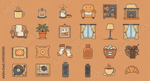 Cozy Home Interior Elements Collection Flat Icons.