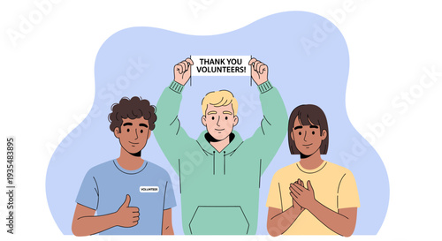 Diverse group of volunteers holding a Thank You Volunteers sign.