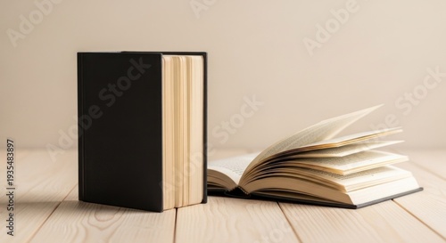 A black book with white pages, standing upright on a wooden table with a beige background.