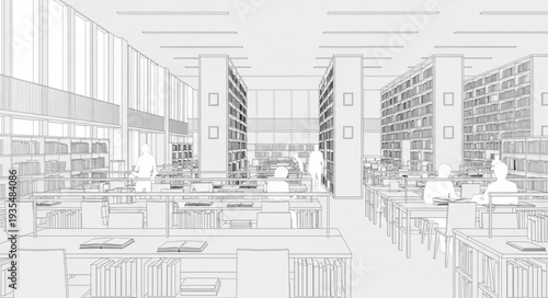 Modern library interior with tall bookshelves and reading desks.