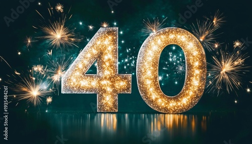 Golden number forty glows on the floor during vibrant fireworks celebrations for anniversaries.