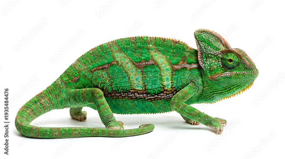 Obraz premium Green Veiled Chameleon Side Profile on White Background, Detailed Reptile Texture, Exotic Wildlife Studio Photography Concept.