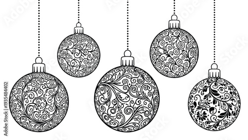 Set of five decorative Christmas baubles hanging from strings features intricate black and white scroll patterns and festive floral designs.