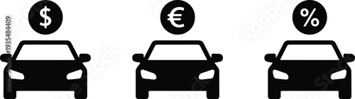 A set of vector line art car silhouettes with currency symbols for finance and transportation concepts