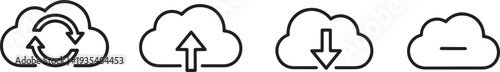 A set of vector line art cloud silhouettes with arrows for data transfer and storage illustration