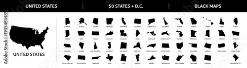 Maps of states of USA. Set of all 50 American States maps of United States + Washington DC in black