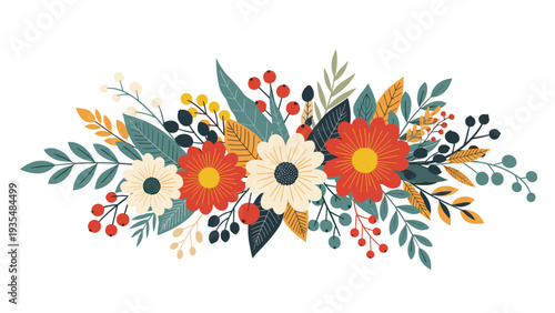 Horizontal floral arrangement features red and cream flowers nestled among various green leaves and berries in a charming rustic style.