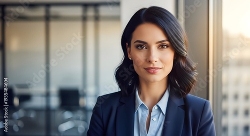 Free Download A confident businesswoman standing in front of a modern office window with a city view - GFXLoad