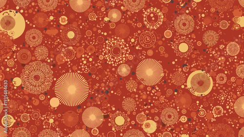 Intricate mandala pattern features a dense arrangement of circular geometric motifs in warm orange and red tones with a vintage textile feel.