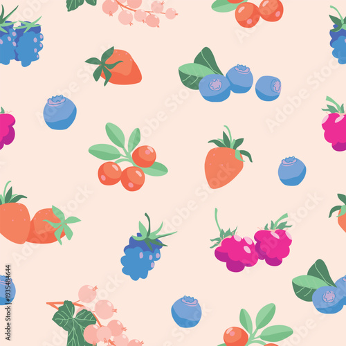 Seamless pattern containing cute hand-drawn both forest and garden berries in flat style design and pastel colors. Vector illustration. 