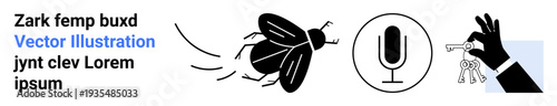 Communication, entomology, audio recording, podcasting, responsibility, and ownership. Black fly in motion, circular microphone hand offering keys. Communication and entomology conceptual focus
