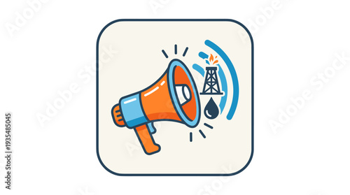 Megaphone announcing news about oil industry, flat vector icon