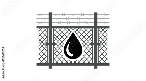 Barbed wire fence with oil drop symbol, industrial concept