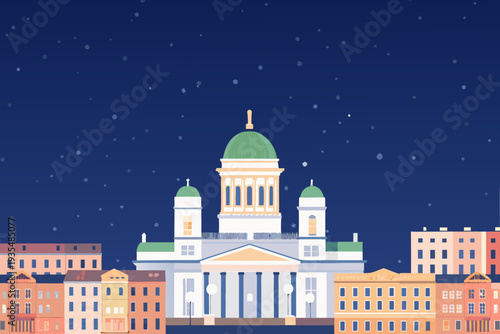 Stylized illustration of a cathedral skyline under a starry night sky