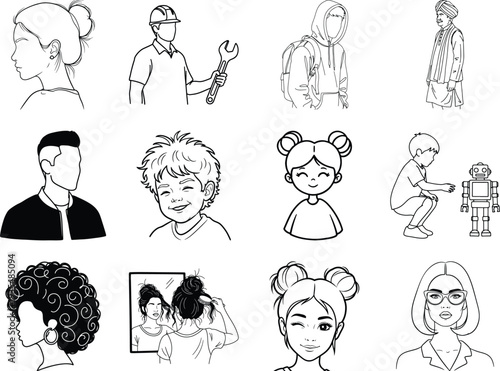 Black and white line of people and a robot line black and white