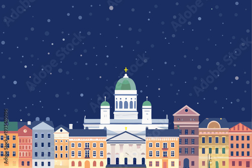 A stylized cityscape silhouetted against a dark starry night sky