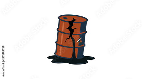 Cracked oil barrel spilling crude oil in flat illustration style
