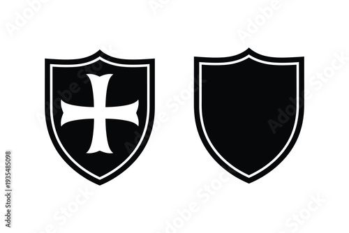 Two medieval shields with distinct designs and symbols on display Vector