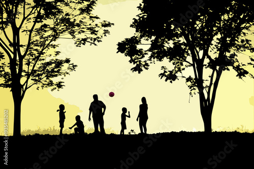 Silhouetted family playing with a ball beneath trees at sunset