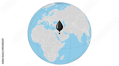 Black oil drop marker on globe pointing to Middle East region