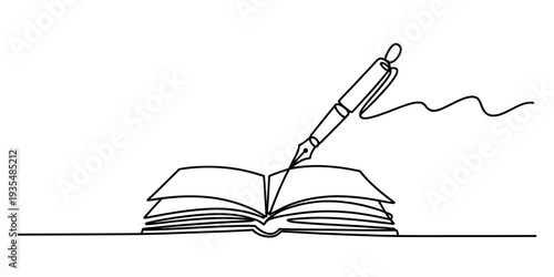 Minimalist single line art illustration of an open notebook and a classic fountain pen. Vector, illustration